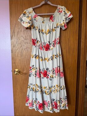 NWOT Old Navy Floral Off-Shoulder Midi Dress with Red & Golden Flowers